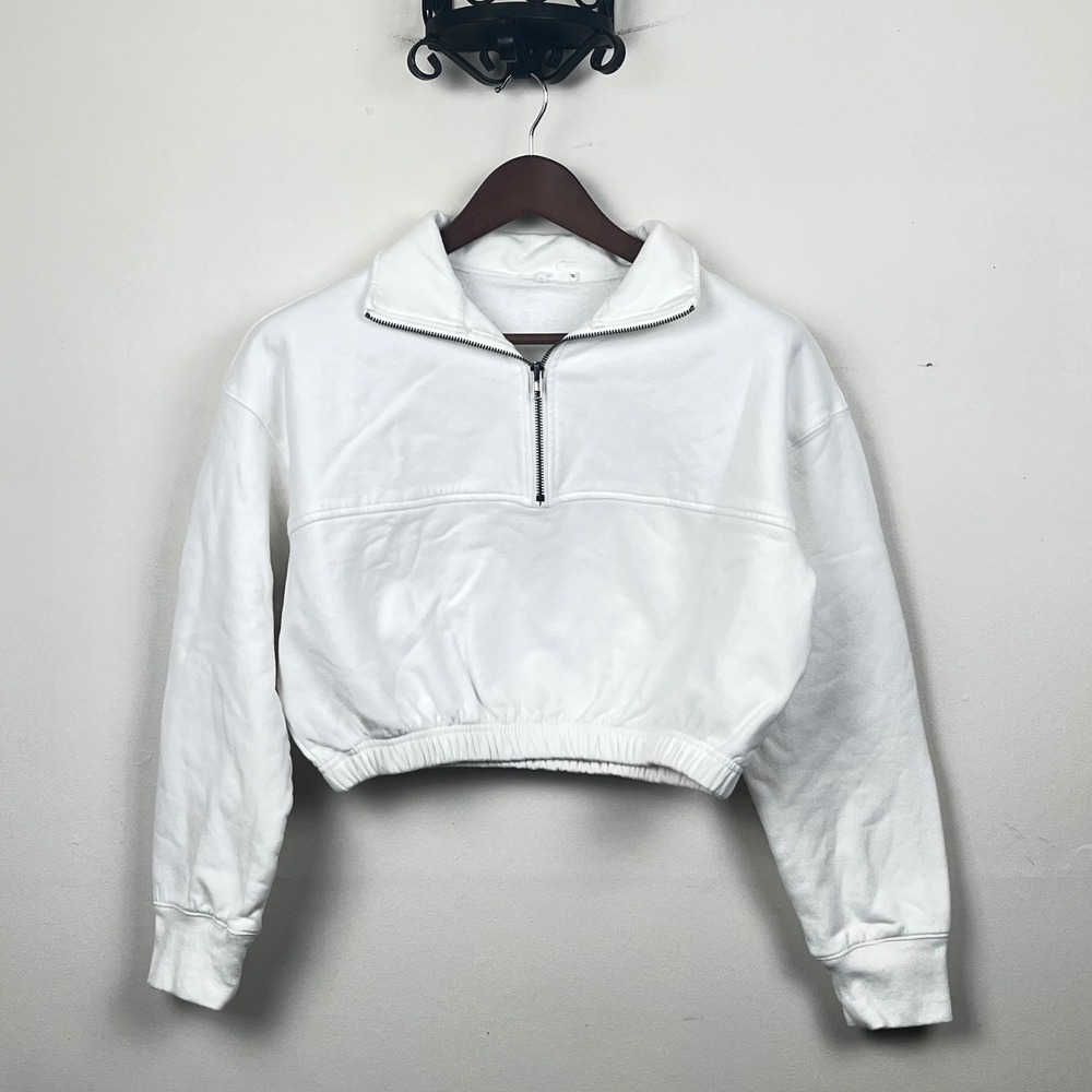 NIA White Cropped Quarter Zip Pullover Sweatshirt NT-272-1 Womens Medium